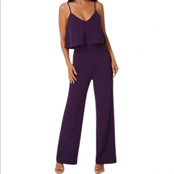 bebe V-neck & Spaghetti Straps Wide-Leg Jumpsuit in Eggplant - Picture 1 of 8